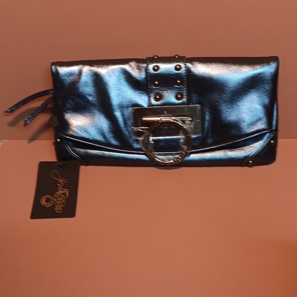 Gorgeous Sorial Studded Metallic Sapphire Leather Clutch Bag NWT